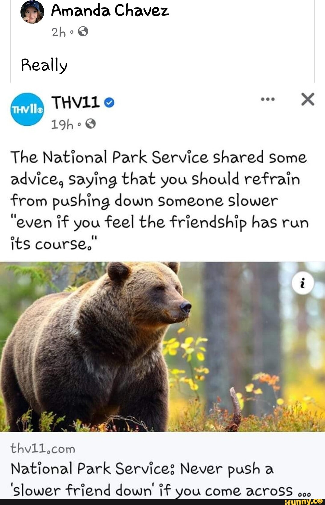 Never push a slower friend down if you come across a bear, park