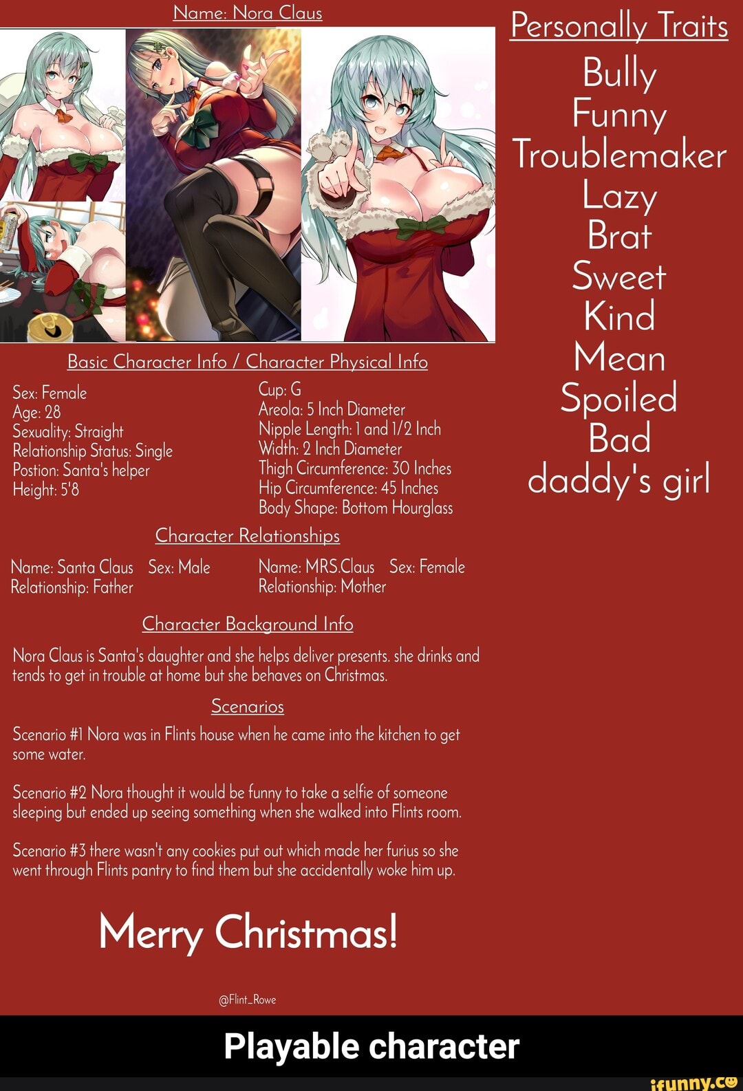 Name: Nora Claus Personally Traits Bully Funny Troublemaker Lazy Brat Sal  Kind Basic Character Info Character