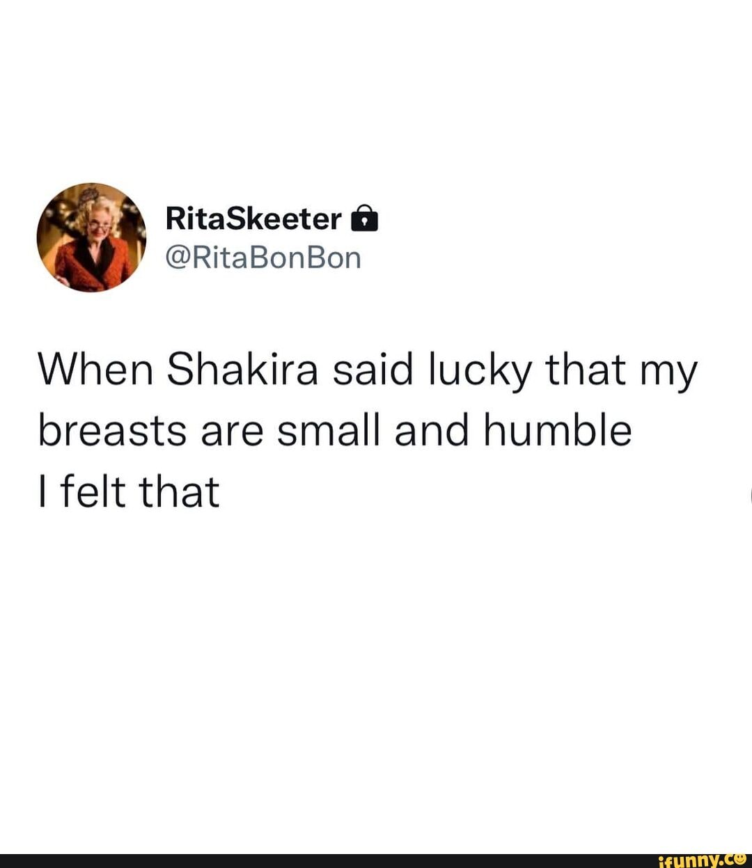 RitaSkeeter @RitaBonBon When Shakira said lucky that my breasts are small  and humble I felt that - iFunny Brazil