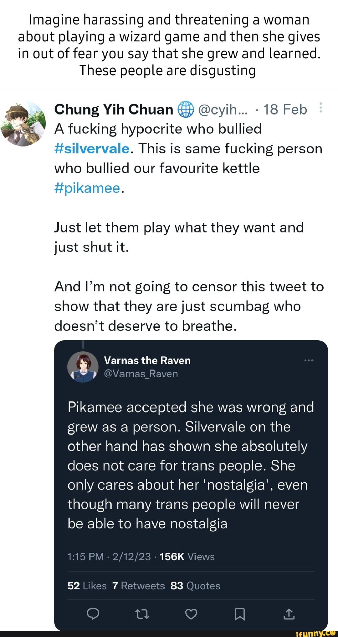 Pikamee, the girl on the left was bullied into retirement by Transgender  community on twitter because she asked her fans if she should stream Hogwarts  Legacy or not. (She had a history