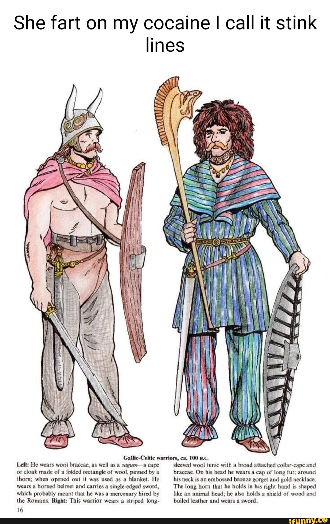 She fart on my cocaine I call it stink lines Gallic-Celtic warriors, ca.  100 B.c. Left: He wears wool braccae, as well as a sagum-a cape or cloak  made of a folded