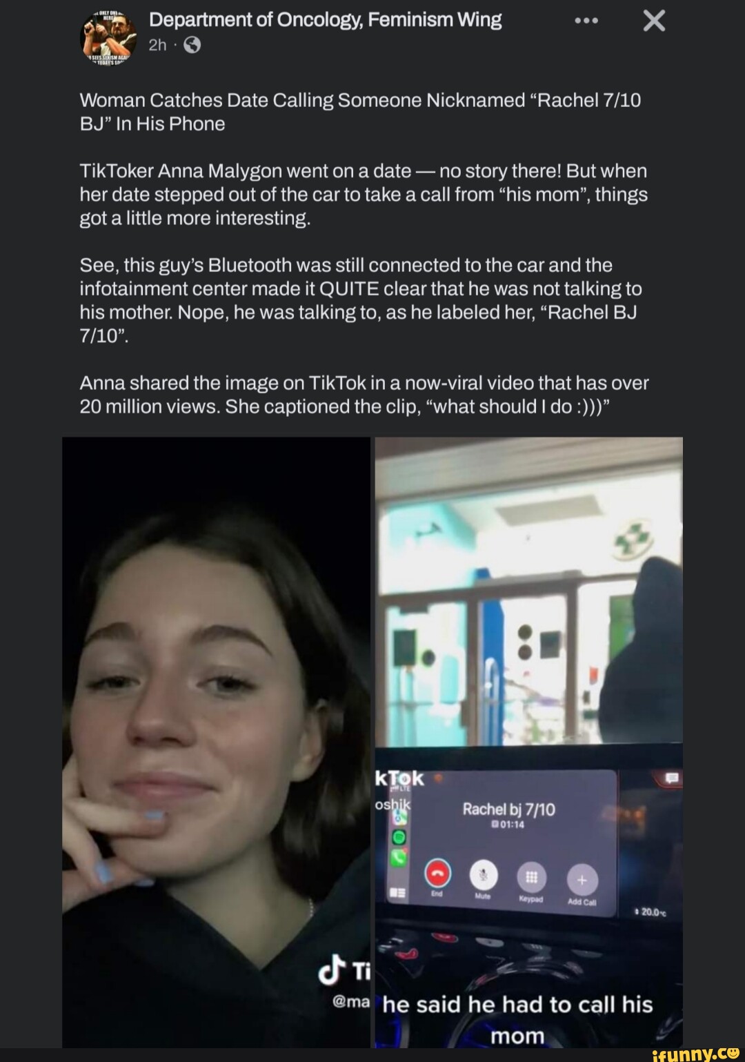 Department of Oncology, Feminism Wing as Woman Catches Date Calling Someone  Nicknamed 