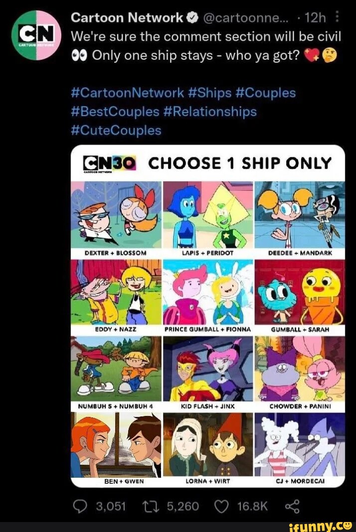 Cartoon Network on X: We're sure the comment section will be civil 👀 Only  one ship stays - who ya got? 💖🤔 #CartoonNetwork #Ships #Couples  #BestCouples #Relationships #CuteCouples  / X