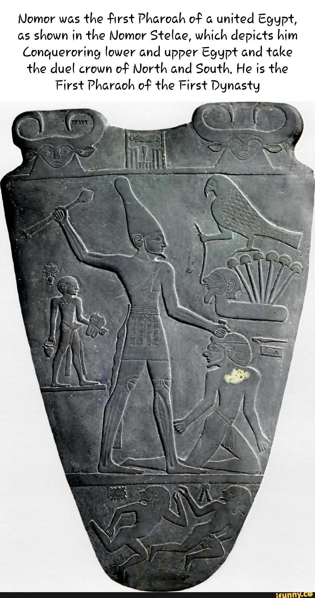 Nomor was the first Pharoah of united Egypt, as shown in the Nomor Stelae, which depicts him
