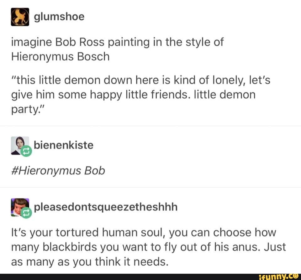 Imagine Bob Ross painting in the style of Hieronymus Bosch