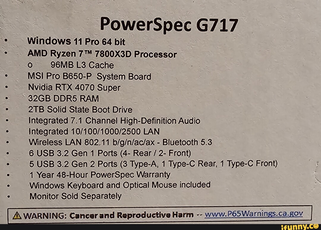 PowerSpec G717 Windows 11 Pro 64 bit AMD Ryzen 7800X3D Processor 96MB ...