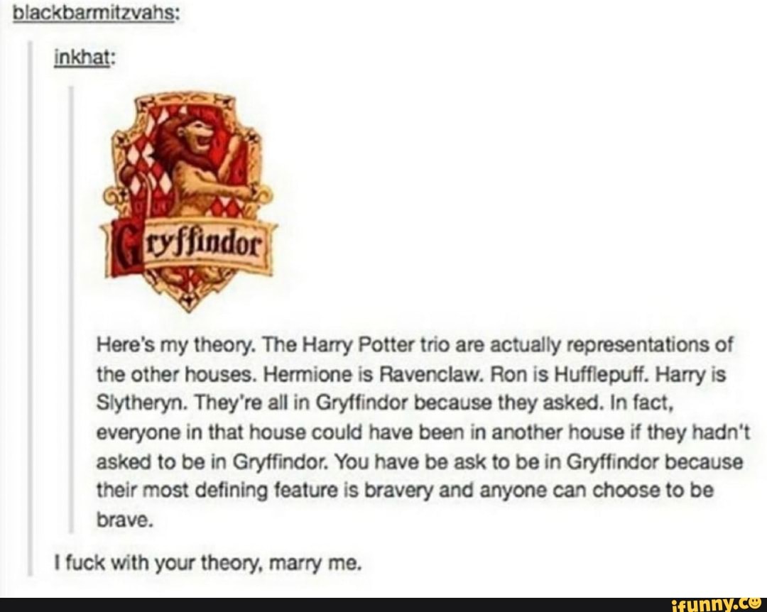 Here's my theory. The Harry Potter trio are actually representations of