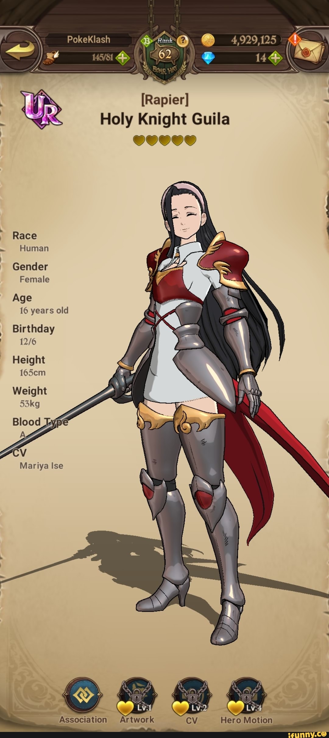 PokeKlash @ 4,929,125 14@% [Rapier] Holy Knight Guila Race Human Gender  Female Age 16 years old Birthday Height 165cm Weight 53kg Blood CV Mariya  Ise Association Artwork CV Hero Motion - iFunny Brazil