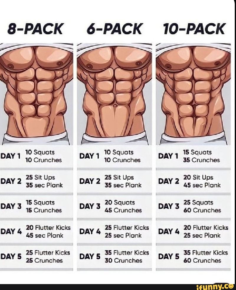 8 PACK 6 PACK 10 Squots DAY 10 Crunches 25 Sit Ups DAY 2 35 sec