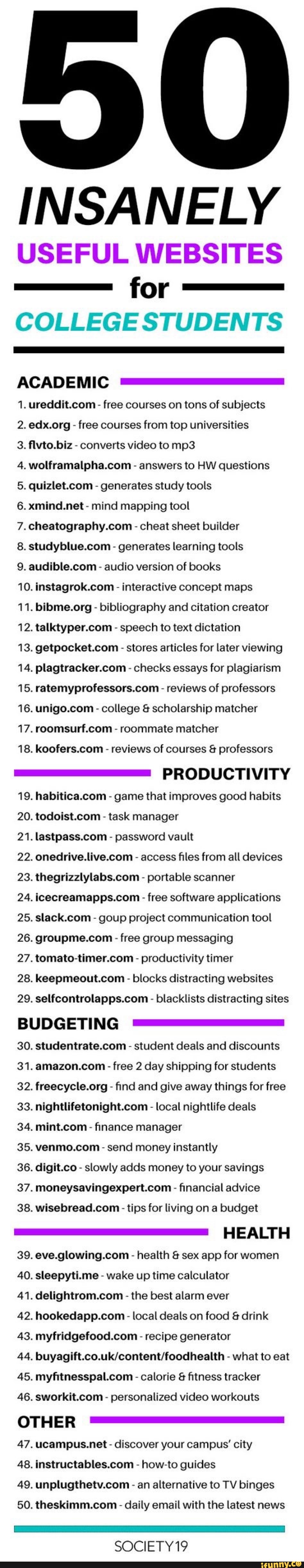 50 INSANELY USEFUL WEBSITES for COLLEGE STUDENTS ACADEMIC 1. - free courses  on tons of subjects 2. -