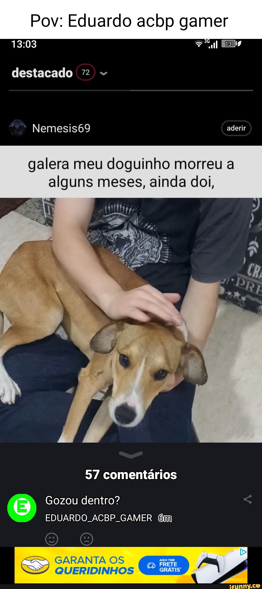 Pov: Eduardo acbp gamer Us destacado 72 Nemesis69 aderir galera meu  doguinho morreu a alguns meses,