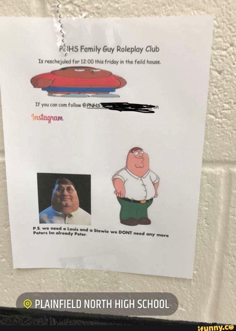 PQHS Family Guy Roleplay Club Ts res. for 12 this friday in the feild  house. Tf