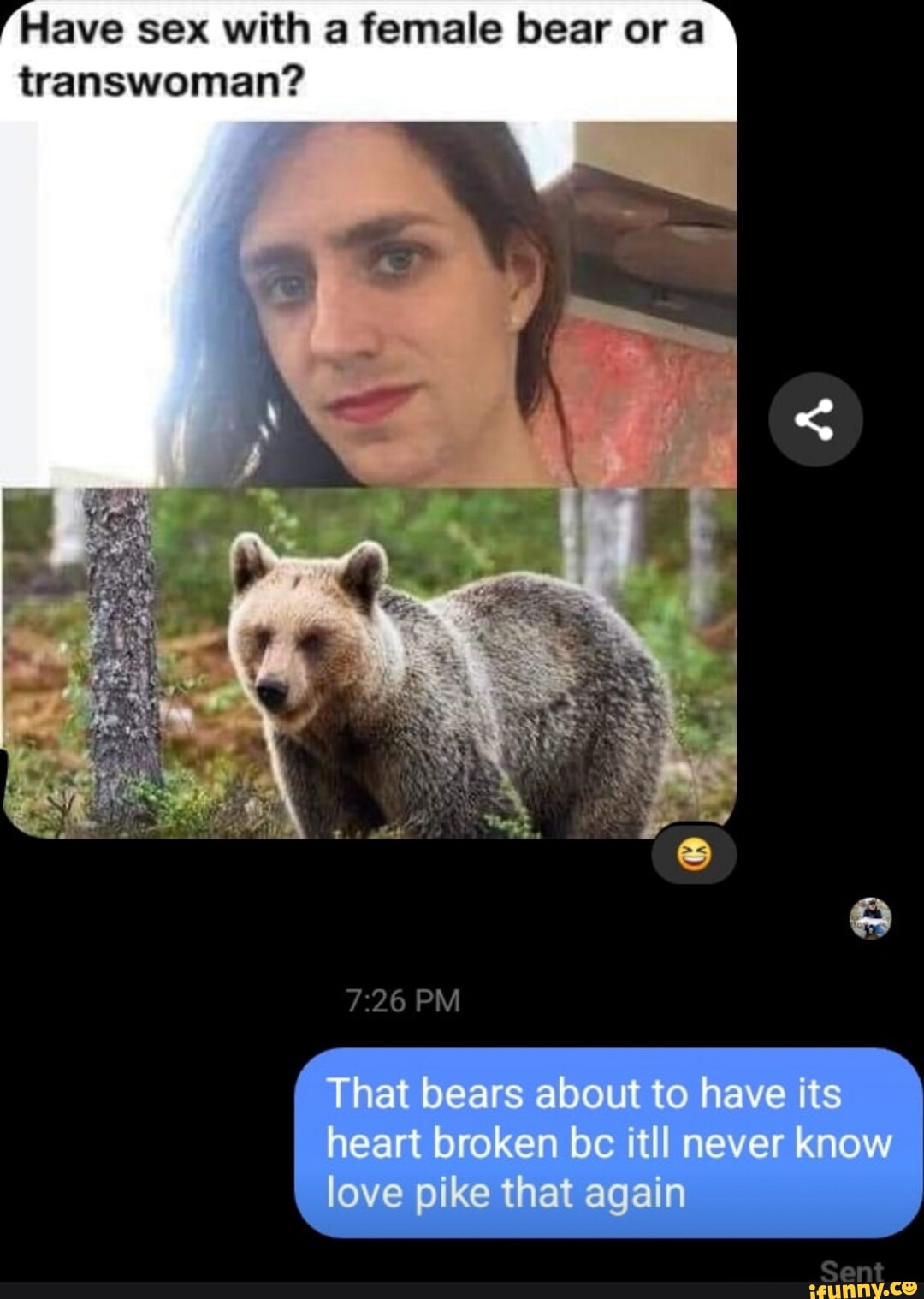 Have sex with a female bear or a transwoman? PM That bears about to have  its heart broken be itll neyer know love pike that again - iFunny Brazil