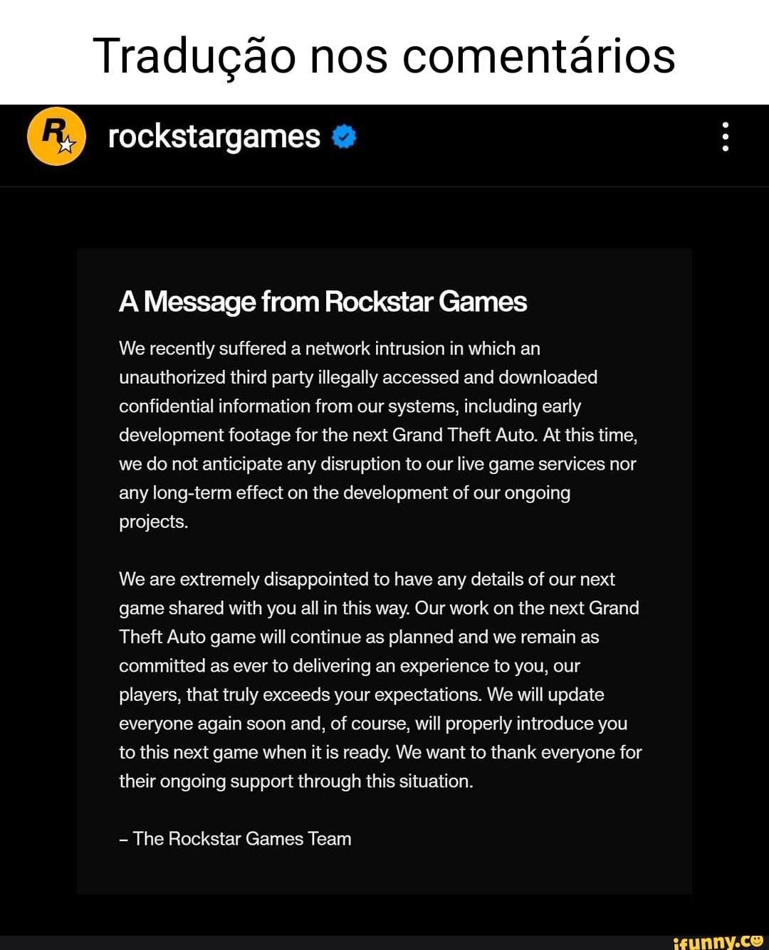 Traducao nos comentarios rockstargames @ A Message from Rockstar