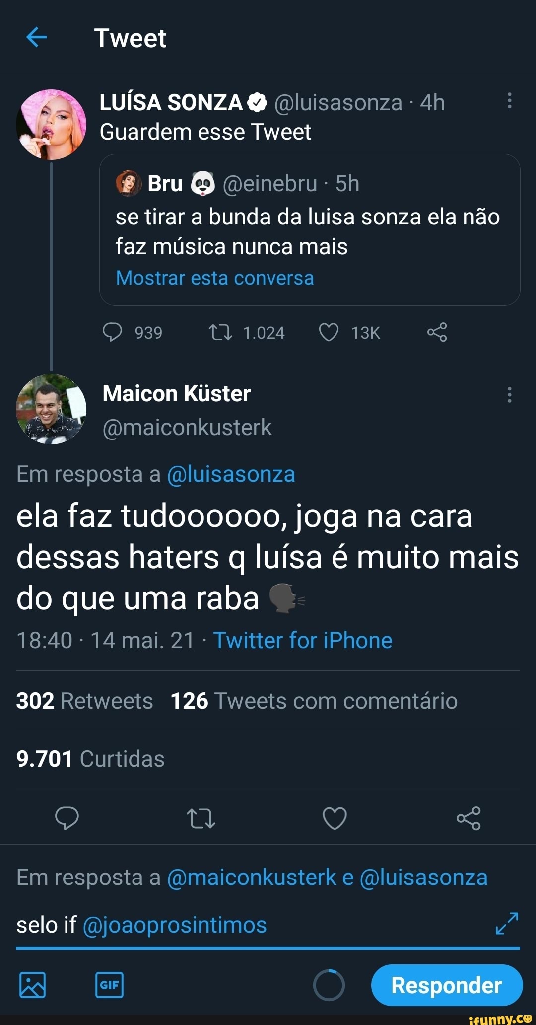 Tweet LUÍSA SONZA (Dluisasonza - Guardem esse Tweet se tirar a bunda da luisa  sonza ela não