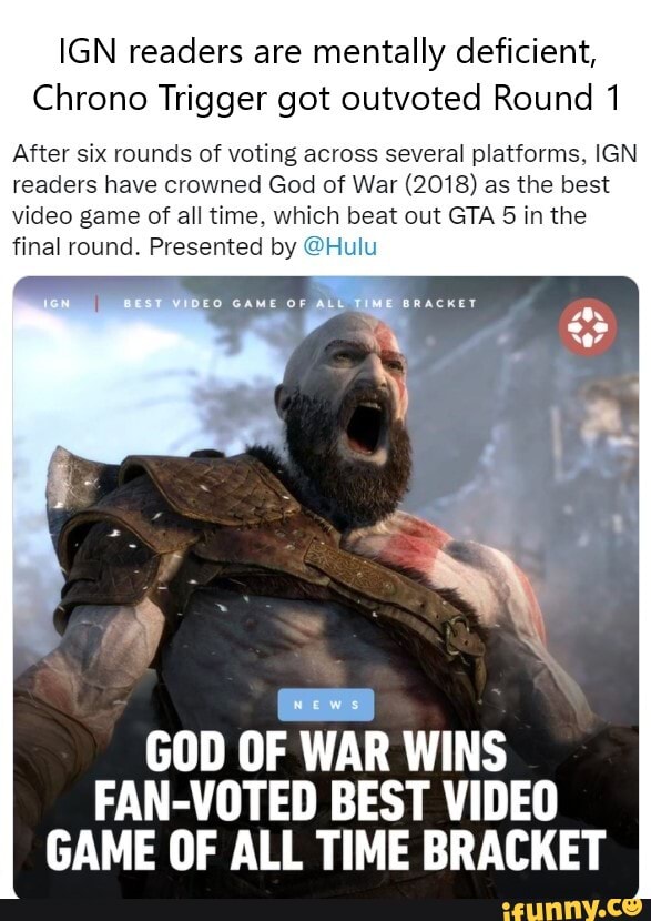 IGN readers are mentally deficient, Chrono Trigger got outvoted Round 1  After six rounds of voting