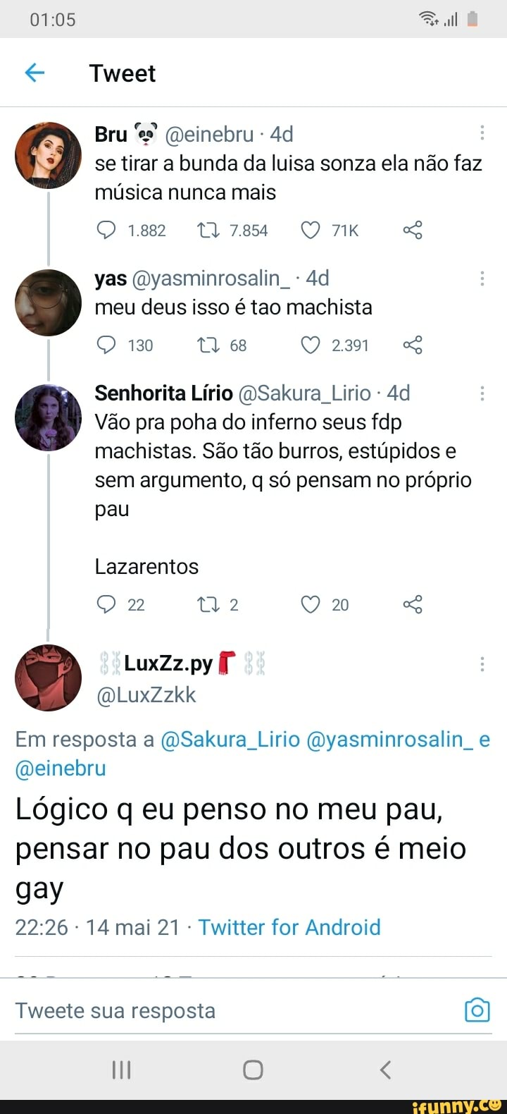 Tweet Bru (einebru se tirar a bunda da luísa sonza ela não faz música nunca  mais