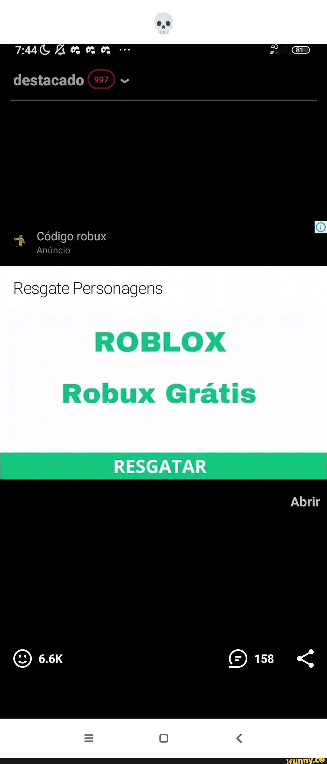 Ar destacado 997) Código robux Resgate Personagens ROBLOX Robux