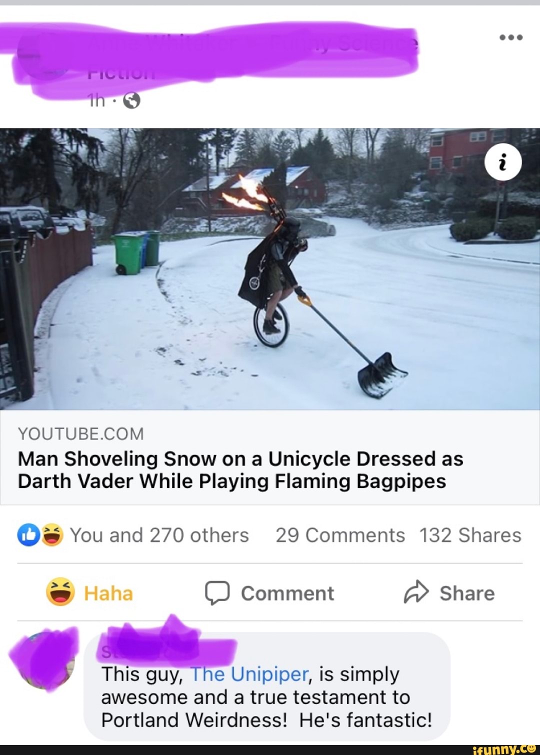 Ww Man Shoveling Snow on a Unicycle Dressed as Darth Vader While