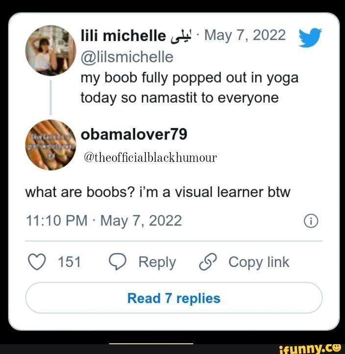 Lili michelle May 7, 2022 @lilsmichelle my boob fully popped out in yoga  today so namastit