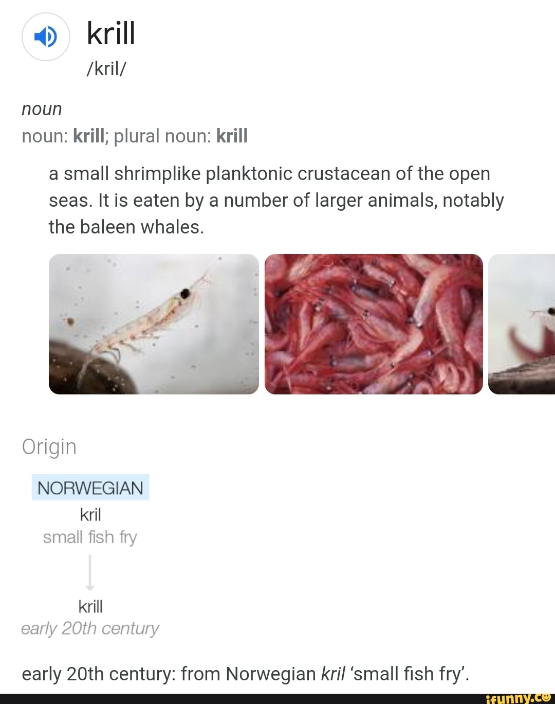 4) krill /kril/ noun noun krill; plural noun krill a small shrimplike