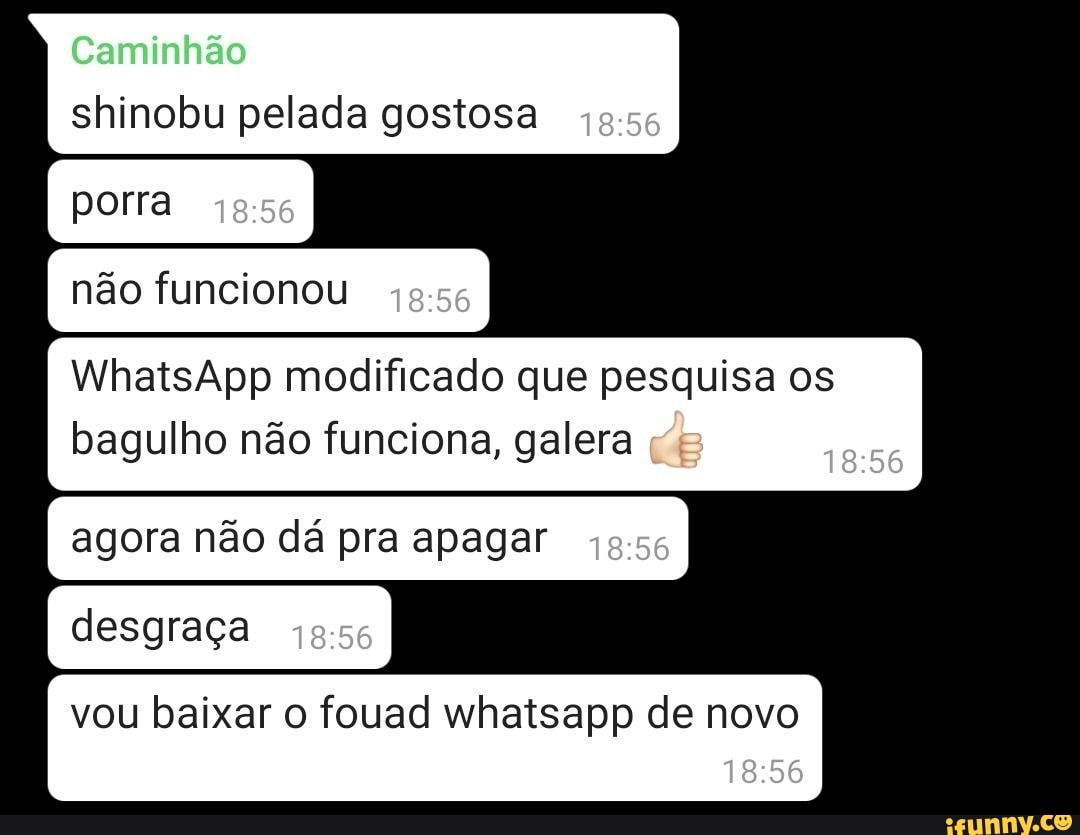 Shinobu pelada gostosa porra não funcionou WhatsApp modificado que pesquisa  os bagulho não funciona, galera agora não dá pra apagar vou baixar o fouad  whatsapp de novo - iFunny Brazil