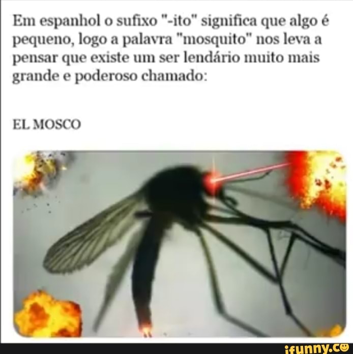Em espanhol o sufixo -ito significa que algo é pequeno, logo a palavra  mosquito nos leva a pensar que existe um ser lendário muito mais grande e  poderoso chamado: EL MOSCO 