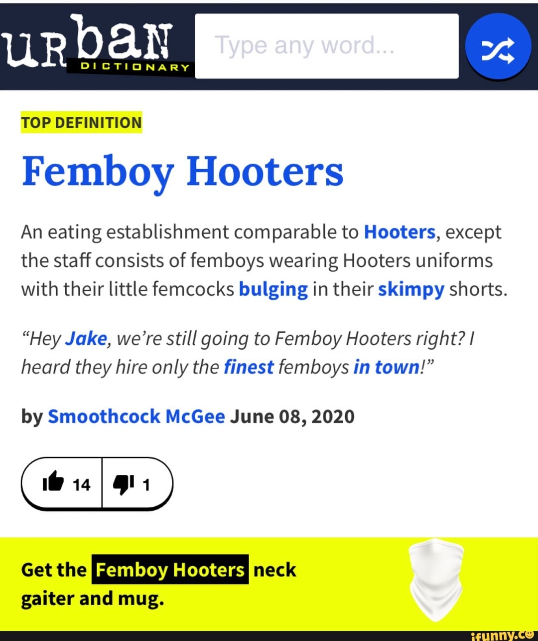 TOP DEFINITION Femboy Hooters An eating establishment comparable to  Hooters, except the staff consists of femboys