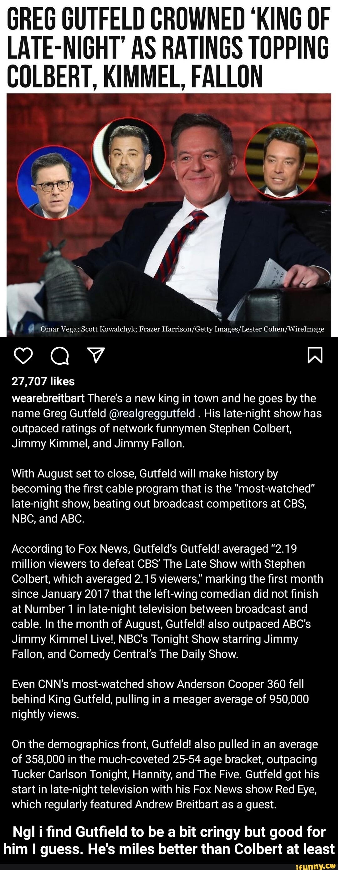 Gutfeld Declares Himself 'King of Late Night' As Show Marks Big Gains