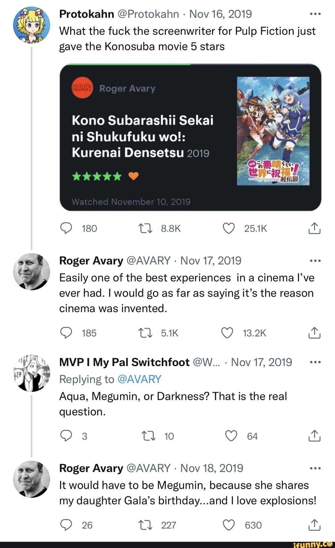 What the fuck the screenwriter for Pulp Fiction just gave the Konosuba  movie 5 stars Kono Subarashíi Sekai ni Shukufuku wo!: Kurenai Densetsu zow  - iFunny Brazil