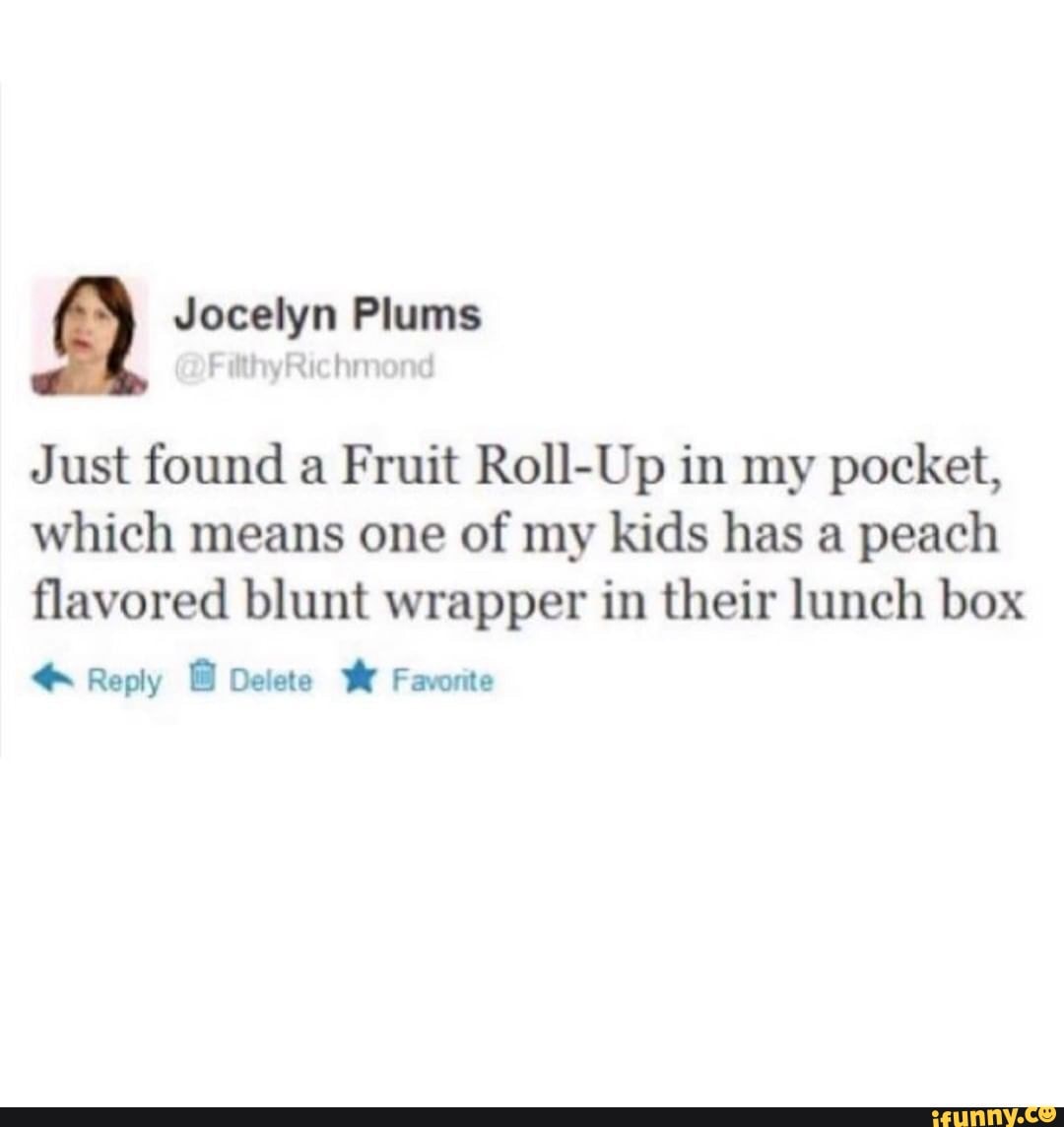 Jocelyn Plums Just found a Fruit Roll-Up in my pocket, which means one of  my kids has a peach flavored blunt wrapper in their lunch box Reply Delete  We Favorite - iFunny