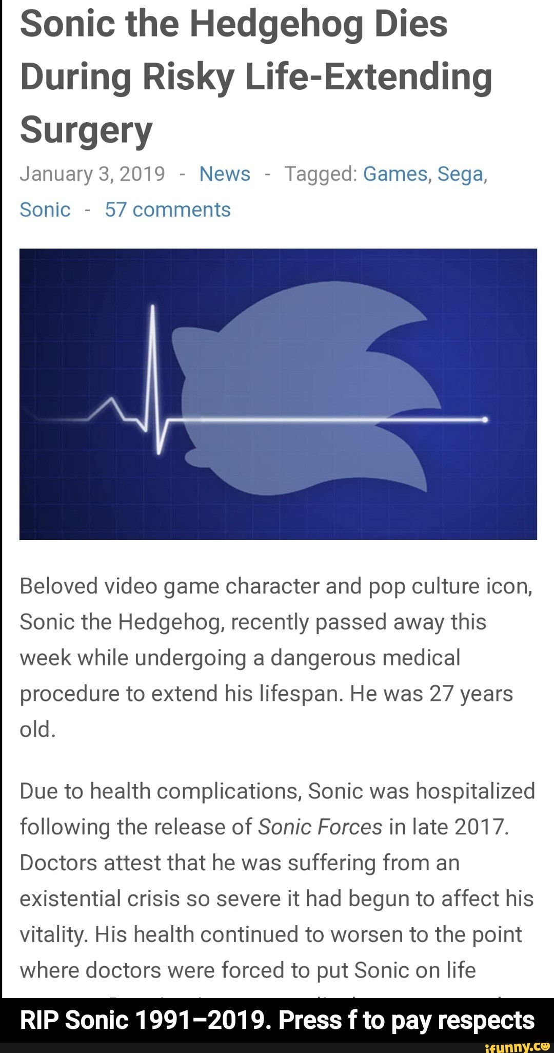 RIP Sonic 1991-2019. Press f to pay respects - iFunny Brazil