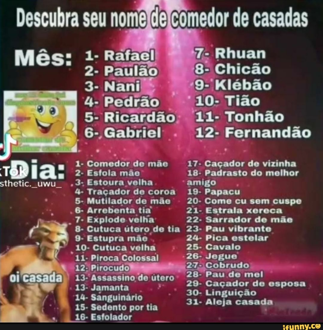 Descubra seu nome comedor de casadas Mês: 1- Rafael Rhuan 2- Paulão. Chi 3-  Nani Klé