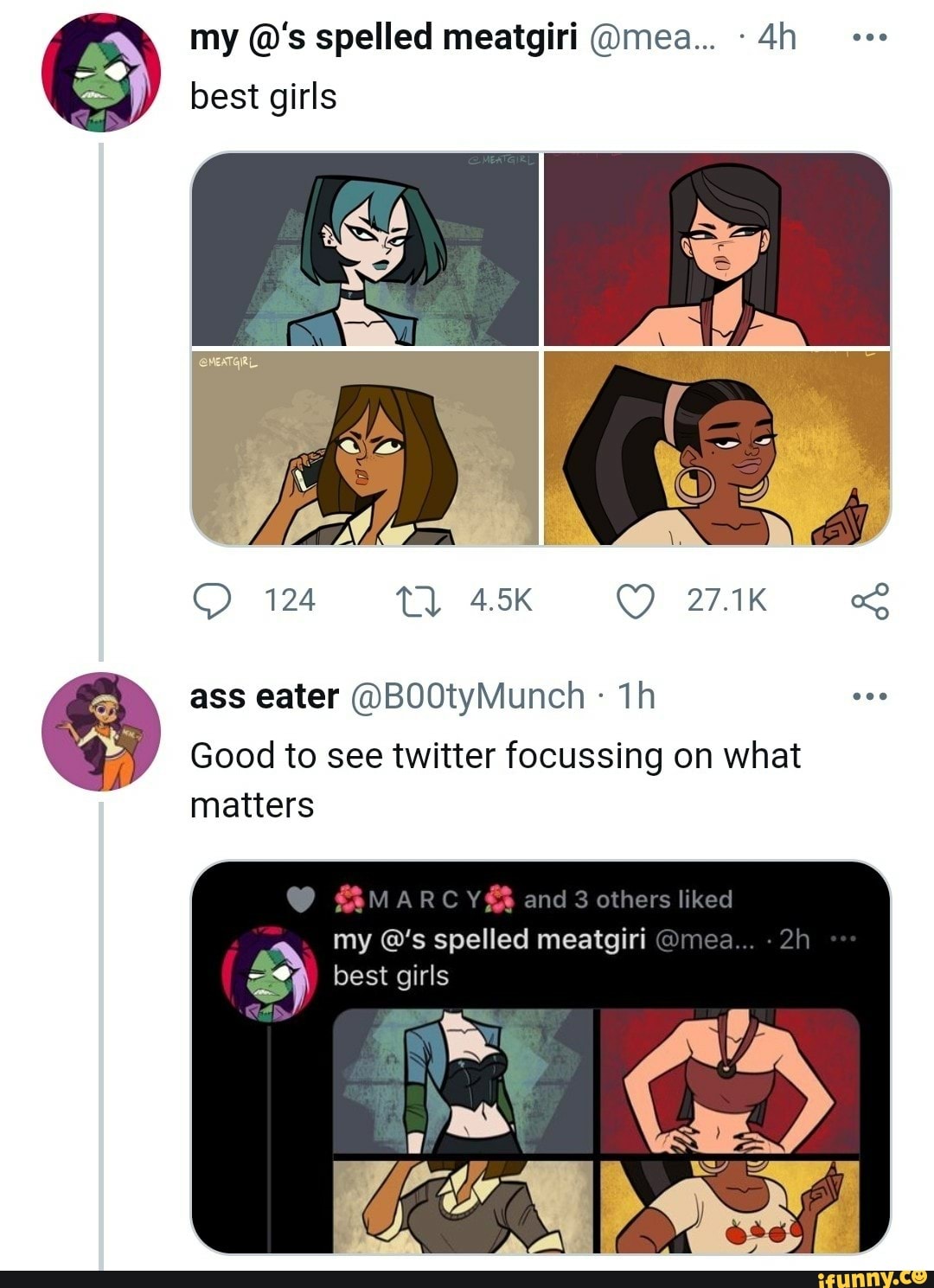 My @''s spelled meatgiri @mes... best girls 124 4.5K 27.1K ass eater  @BO0tyMunch Good