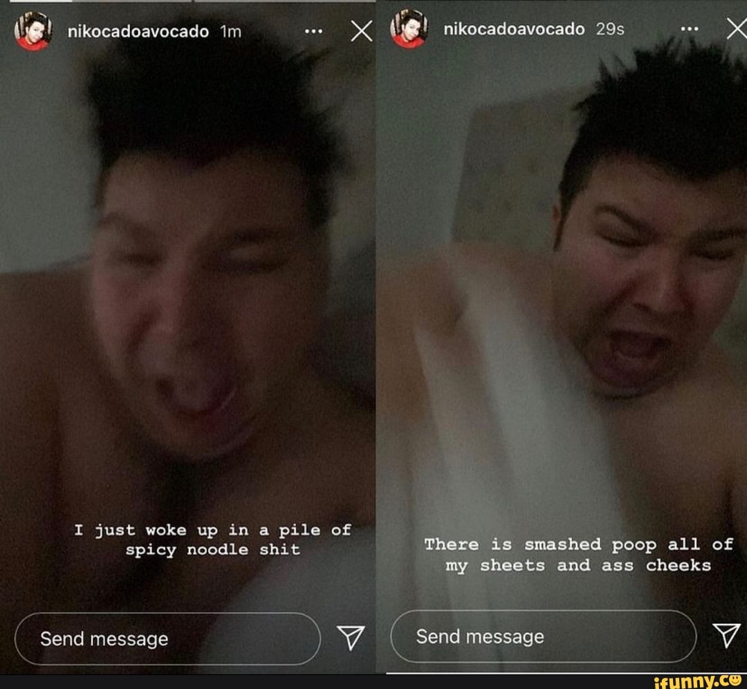 I just woke up in a pile of spicy noodle shit Send message nikocadoavocado  im nikecadoavocado There is smashed poop all of my sheets and ass cheeks  Send message - iFunny Brazil