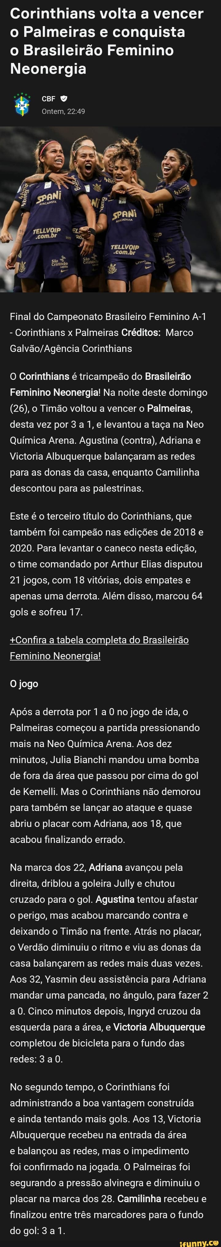 Corinthians conquista o tricampeonato brasileiro de futebol feminino