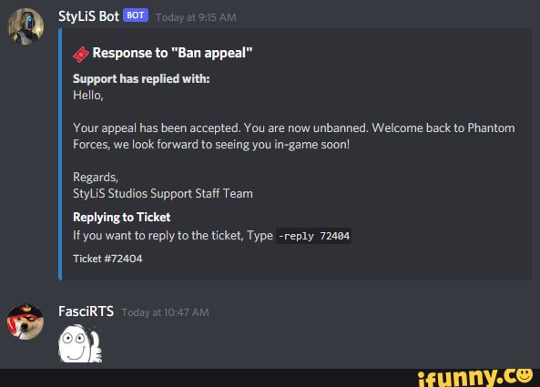 StyLis Bot Response to Ban appeal 'Support has replied with
