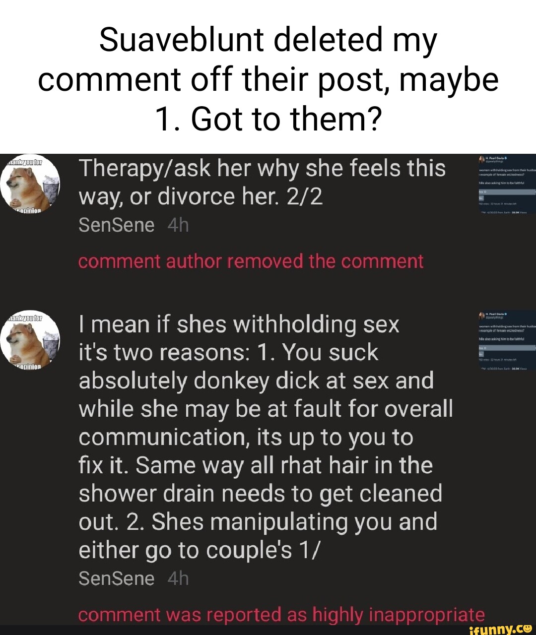 Suaveblunt deleted my comment off their post, maybe 1. Got to them? SenSene  comment autnor removed