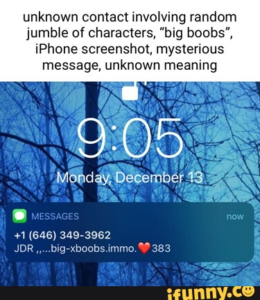 Unknown contact involving rand: jumble of characters, big boob: iPhone  screenshot, mysterious message, unknown meaning Monday, December 43 +1  (646) 349-3962 JDR ,,big-xboobs.immo. 383 - iFunny Brazil