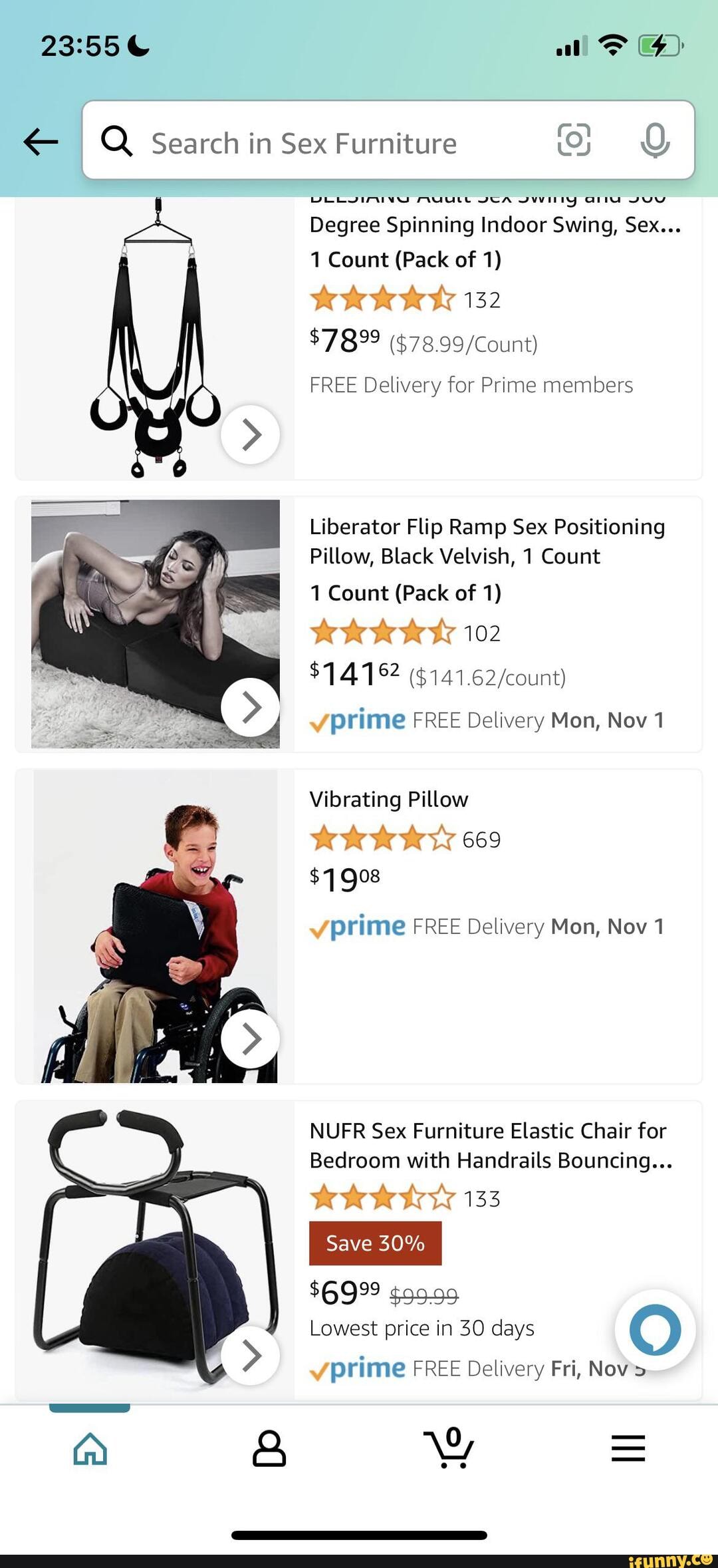 Al F) < Q Search in Sex Furniture VLLIIAING NuUUte SCA Swinty ai Degree  Spinning Indoor Swing, Sex... 1 Count (Pack of 1) 132 AP $7899 FREE  Delivery for Prime members Liberator