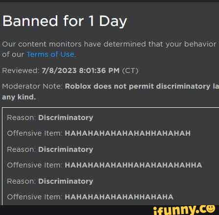 Eis que o ifunny chefe entra pra moderação do roblox: Moderator Note Roblox  does not permit