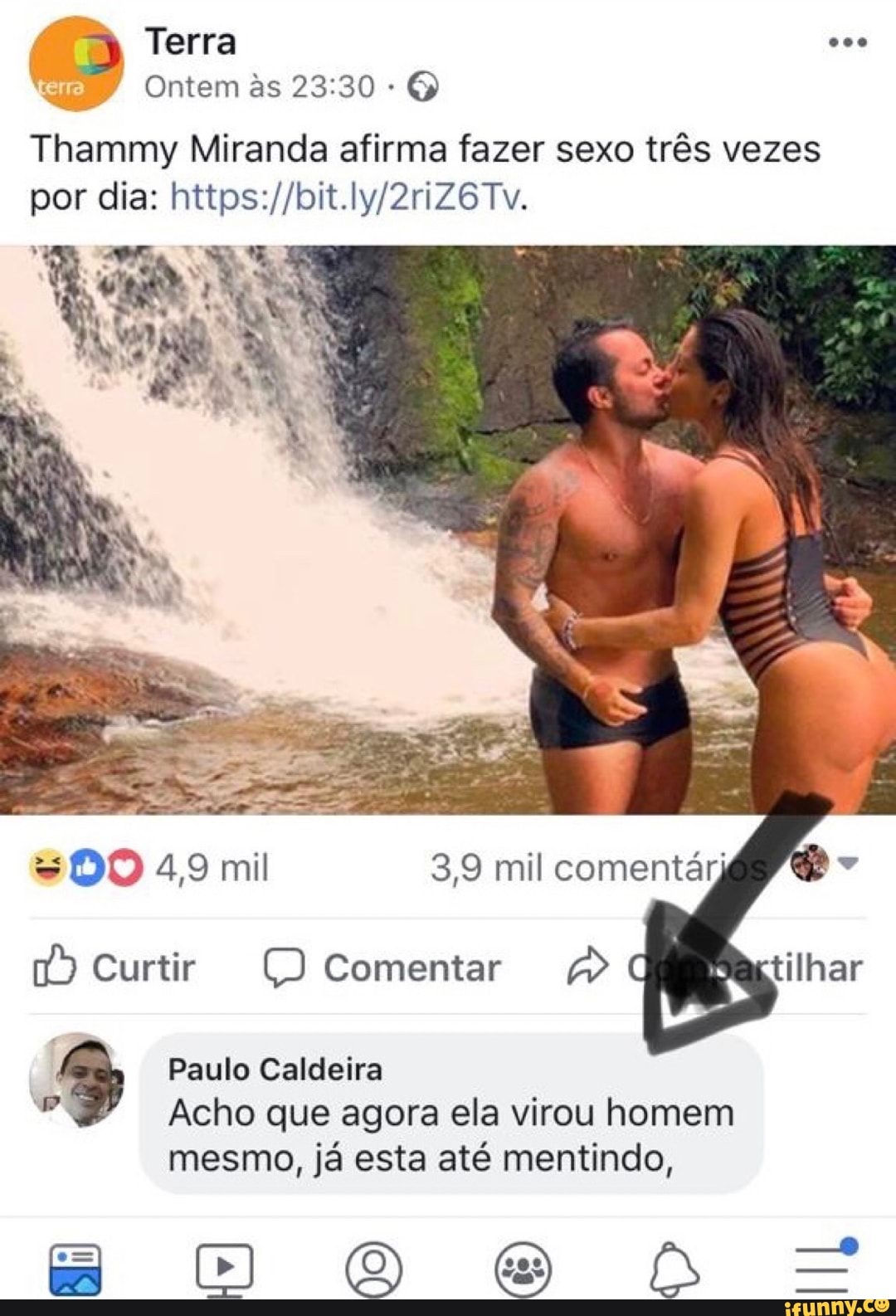 Ferre Ontem às 23:30 Thammy Miranda afirma fazer sexo três vezes Paulo  Caldeira = Acho que agora ela virou homem mesmo, ja esta até mentindo, -  iFunny Brazil