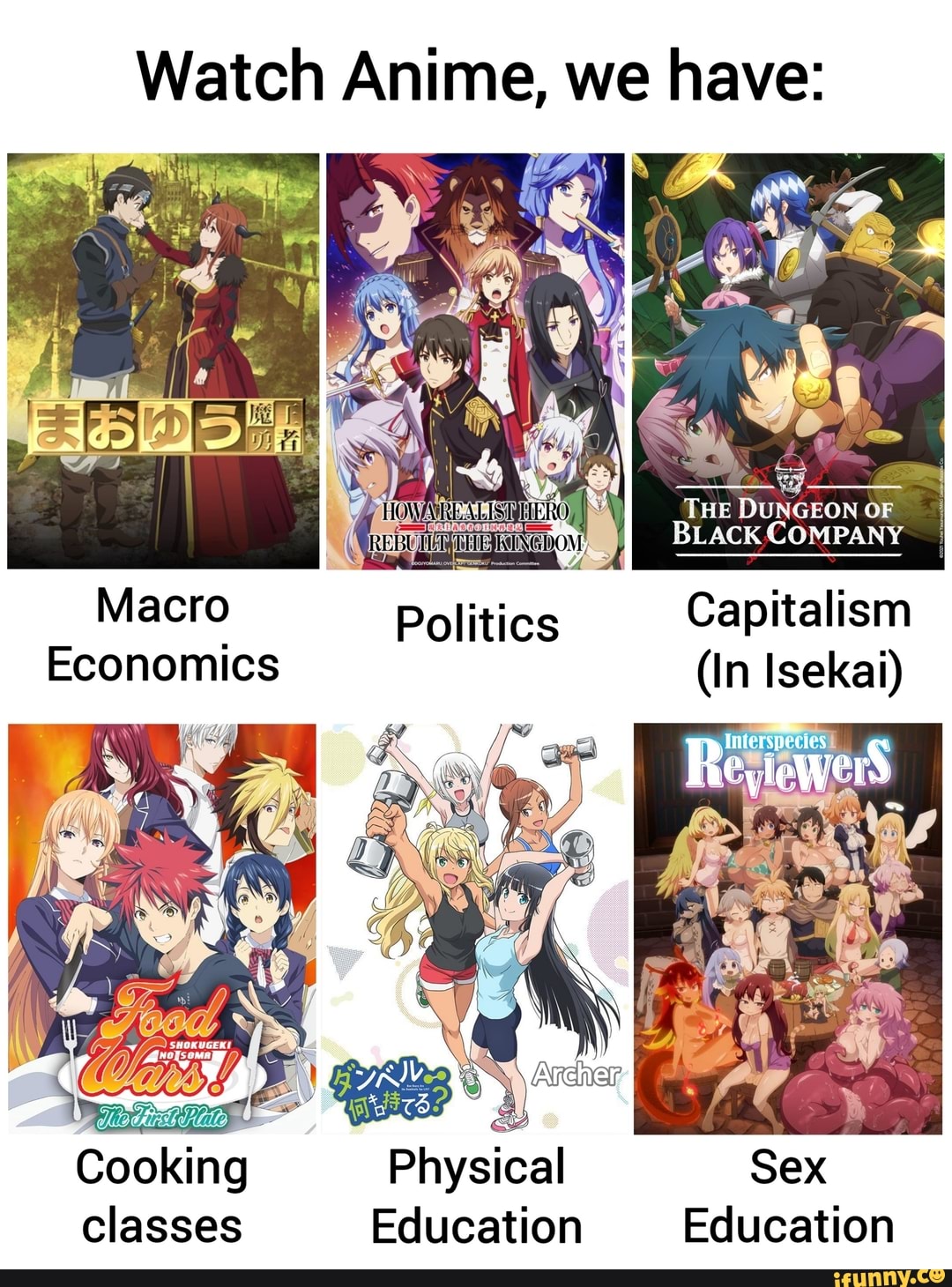 Watch Anime, we have: Wigs! THE DUNGEON OF BLACK COMPANY ReviewerS Macro  Politics Capitalism (In Isekai) Cooking Physical Sex classes Education  Education - iFunny Brazil