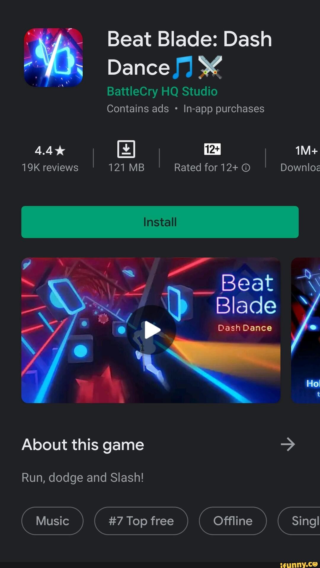 Beat Blade: Dash Dance BattleCry HQ Studio Contains ads In-app purchases  4.4* I I I reviews 121 MB Rated for 12+ Downloe beat Blade Dash Dance About  this game > Run, dodge and Slash! - iFunny Brazil