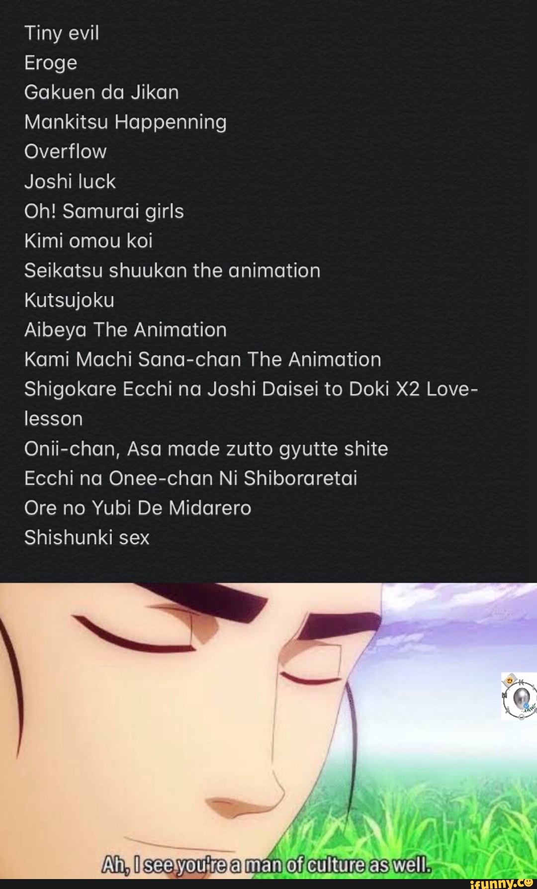 Mankitsu Happenning Overflow Joshi luck Oh! Samurai girls Seikatsu shuukan  the animation Kutsujoku Aibeya The Animation Kami Machi Sana-chan The  Animation lesson Shishunki sex - iFunny Brazil