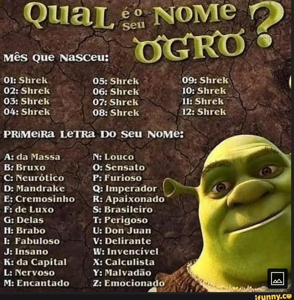 QuaL és NOME Mês Que Nasceu: OI: Shrek 05: Shrek 09: Shrek. 02: Shrek 06:  Shrek