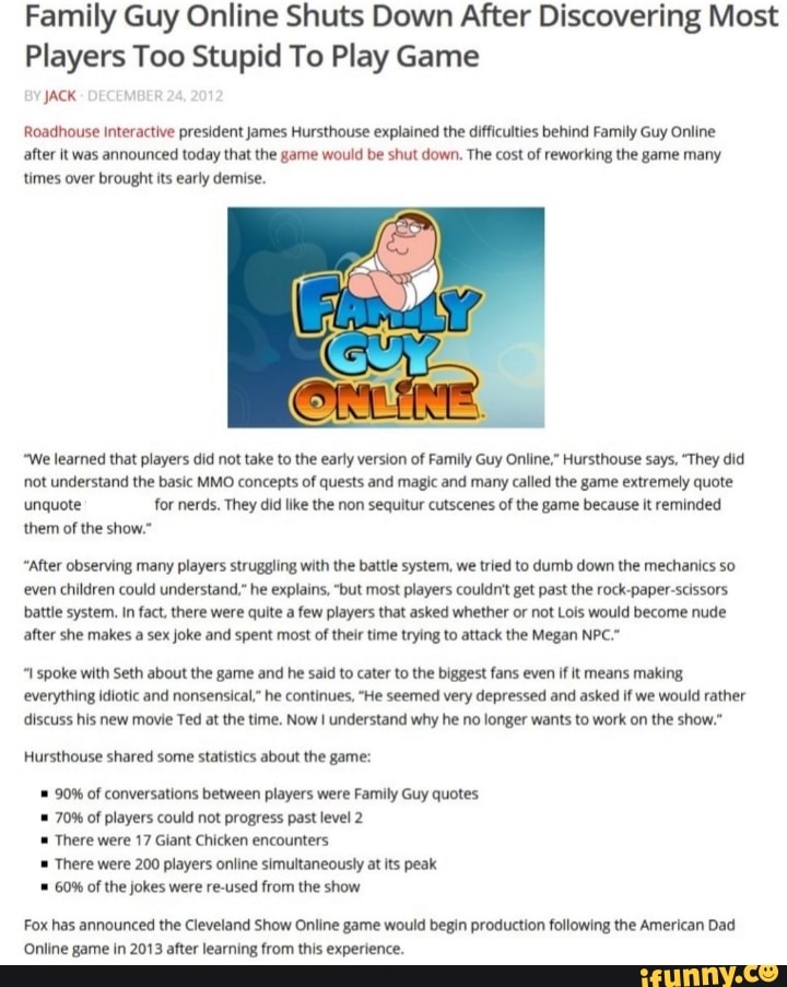 Family Guy Online Shuts Down After Discovering Most Players Too