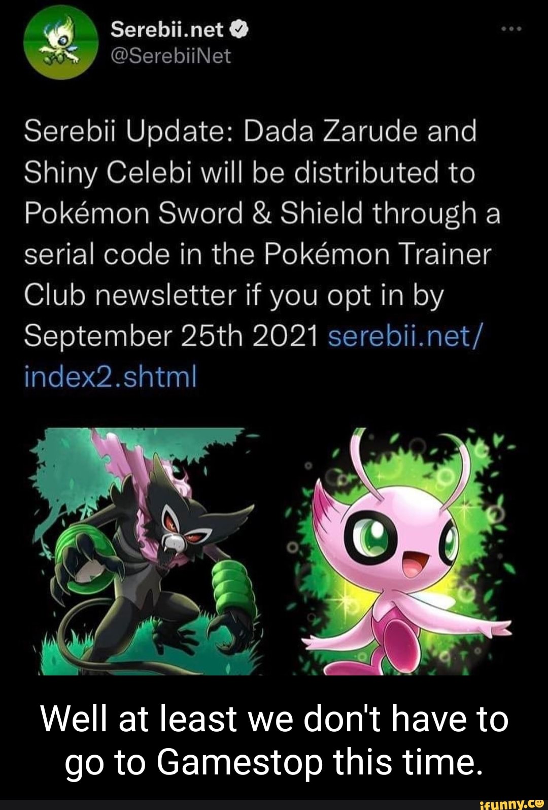 Serebii.net @SerebiiNet Serebii Update: Dada Zarude and Shiny Celebi will  be distributed to Pokemon Sword