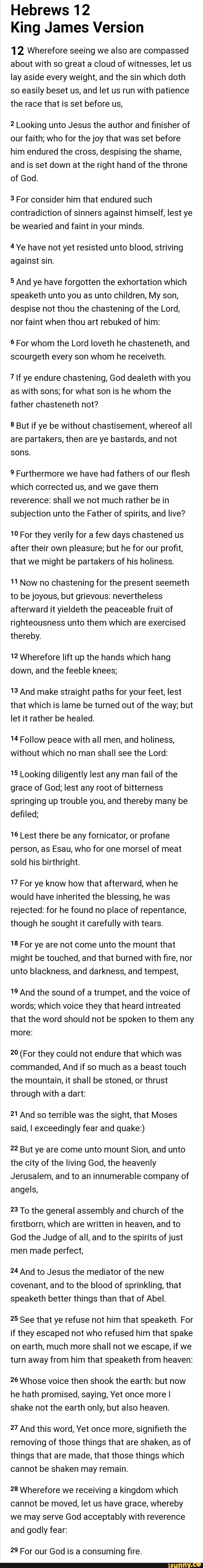 Hebrews 12 King James Version 12 Wherefore seeing we also are compassed ...