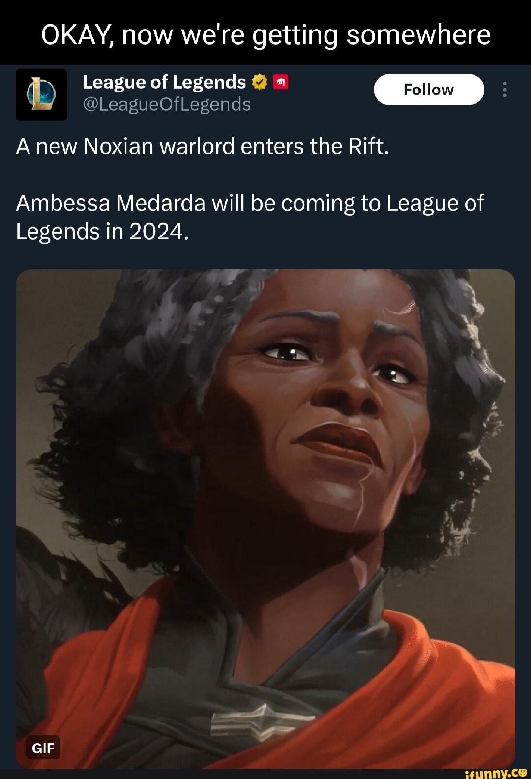 OKAY, now were getting somewhere League of Legends @LeagueOfLegends @  Follow A new Noxian warlord enters the Rift. Ambessa Medarda will be coming  to League of Legends in 2024. if GIF - iFunny Brazil